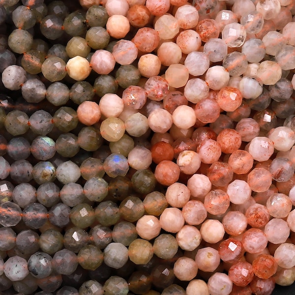 Micro Facettes Multicolor Mixed Gemstone Round Beads 4mm Sunstone Labradorite 15.5 " Strand