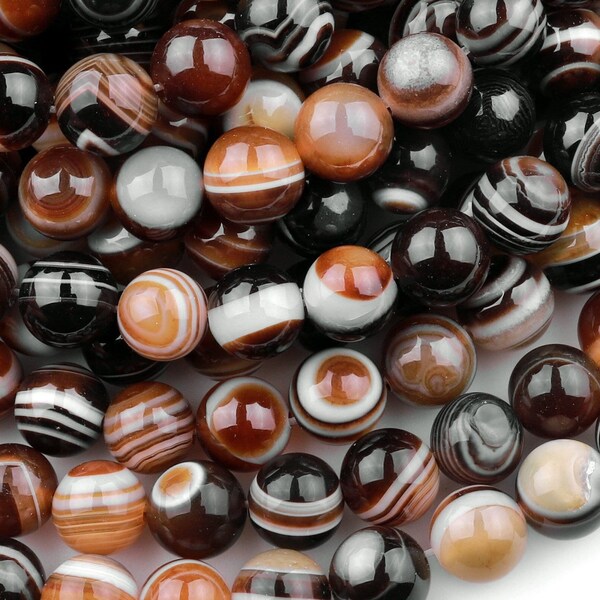 Agate naturelle sardonyx brun noir 6 mm 8 mm 10 mm 12 mm Perles rondes AAA, bandes pour les yeux incroyables, veines, perles de mala bohème antiques, fil 15,5 po.