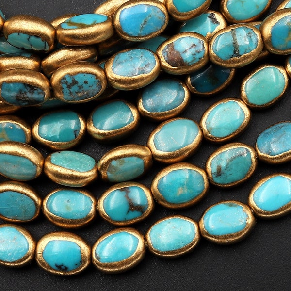 Genuine Natural Turquoise Gold Copper Edging Oval Beads Choose from 5pcs, 10pcs 15.5" Strand