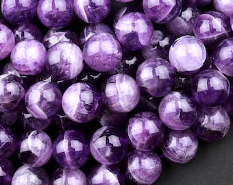 Natural Cape Amethyst Beads 4mm 6mm 8mm 10mm 12mm Round Beads White Stripes 15.5" Strand