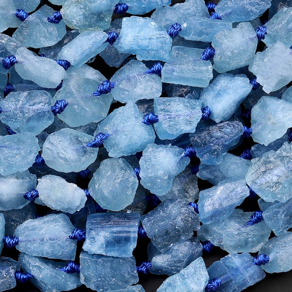 AAA Raw Natural Santa Maria Blue Aquamarine Freeform Beads Pebble Nuggets Hand Hammered Chiseled Blue Gemstone 15.5" Strand