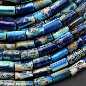 Ocean Blue Sea Sediment Jasper Smooth Tube Cylinder Beads 8x4mm Aka Impression Imperial Jasper 15.5" Strand