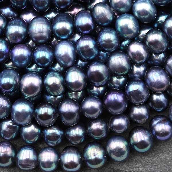 Perla de agua dulce iridiscente de pavo real, azul, verde, morado, de 8 mm y 10 mm de descuento, redonda, brillante, auténtica, tira de 15"