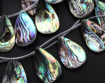Real Natural Abalone Shell Beads Mermaid Shards Side Drilled Teardrop Rainbow Iridescent Peacock Blue Green Pink 15.5" Strand