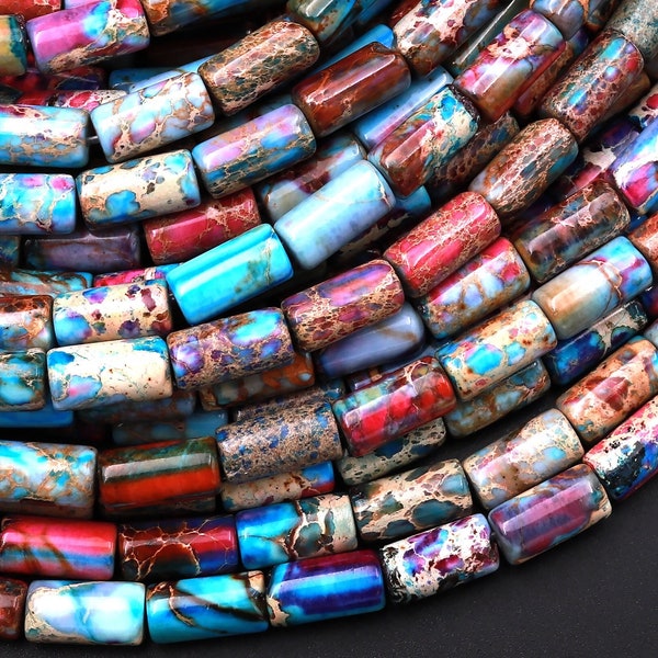 Rainbow Sea Sediment Jasper Smooth Tube Cylinder Beads 8x4mm Aka Impression Imperial Jasper 15.5" Strand