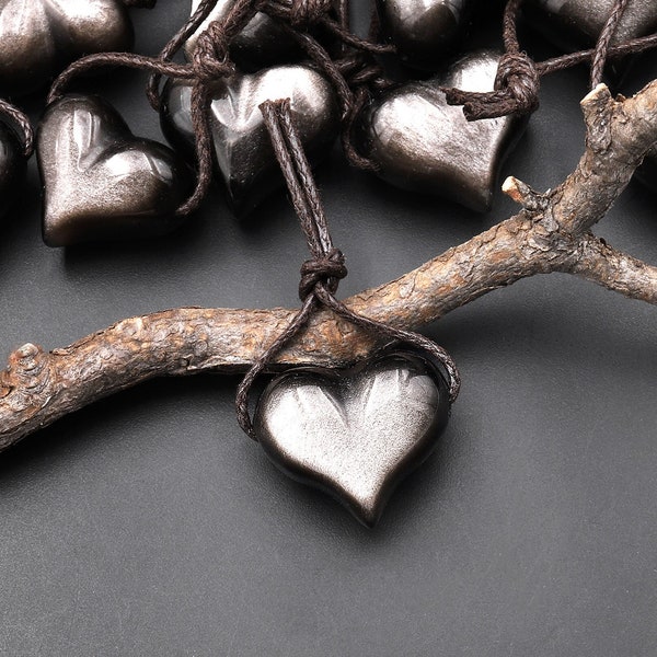 Colgante de obsidiana de plata natural AAA con forma de corazón hinchado y cuentas focales de cristal con gema perforada lateralmente