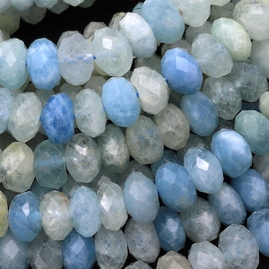 AA Translucent Large Natural Blue Aquamarine Faceted Rondelle Beads 8mm 10mm 15.5&quot; Strand
