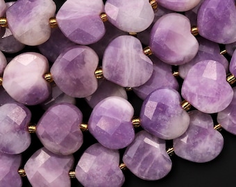 Natural Purple Lepidolite Faceted Heart Beads 12mm Gemstone 15.5" Strand