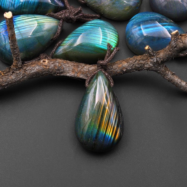 AAA Natural Rainbow Labradorite Teardrop w/ Stripes Side Drilled Pendant