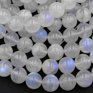 AAA Natural Rainbow Moonstone Round Beads 4mm 6mm 8mm 10mm 11mm 12mm 14mm Blue Flashes Super Translucent Gemstone 15.5" Strand