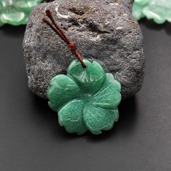 Hand Carved Natural Green Aventurine Flower Pendant Focal Bead