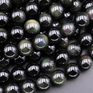 AAA Natural Rainbow Black Obsidian 6mm 8mm 10mm 12mm Round Beads 15.5&quot; Strand