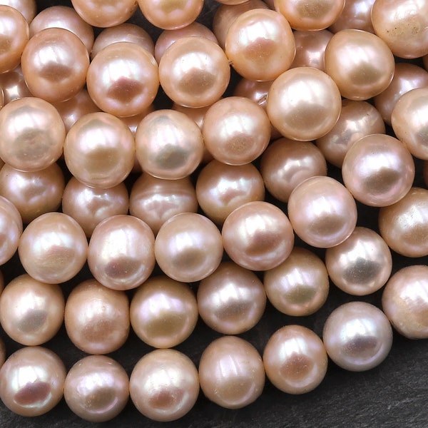 Véritable perle d'eau douce rose pêche naturelle, 9 mm 10 mm, perle classique ronde irisée irisée 15,5 po.