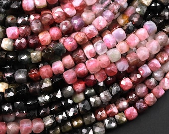 Natural Multicolor Green Pink Tourmaline Faceted 4mm Cube Beads Gemstone 15.5" Strand