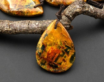 Colgante de lágrima de pietersita, raro, natural, AAA, amarillo dorado, rojo y azul, de Sudáfrica.