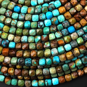 Natural Multicolor Turquoise Faceted 4mm Cube Beads Real Genuine Natural Blue Green Brown Gemstone 15.5&quot; Strand