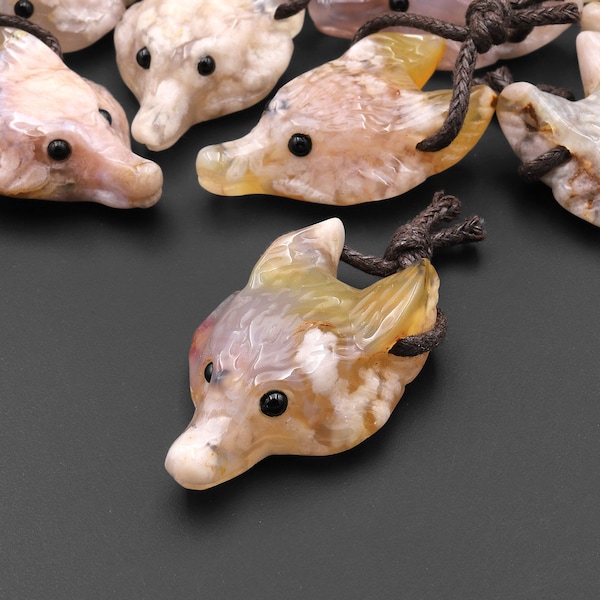 Fleur de cerisier naturelle, fleur d'agate, pierre précieuse, tête de loup, pendentif perle en cristal percé sur le côté