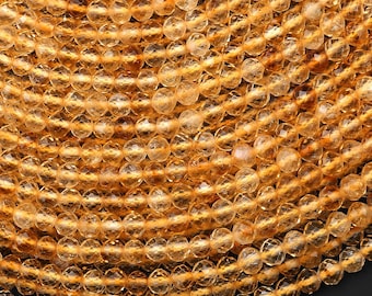 AAA Natural Citrine Faceted 3mm 4mm Round Beads Laser Diamond Cut Gemstone 15.5" Strand