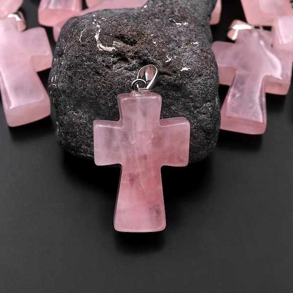 Natural Pink Rose Quartz Cross Pendant Natural Crystal Focal Bead