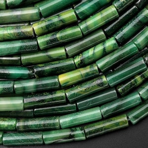 Natural African Green Jade Thin Long Tube Beads 15.5" Strand