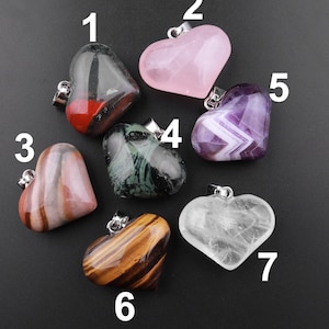 Natural Gemstone Heart Pendant Choose from Rose Quartz Bloodstone Amethyst Rock Quartz Tiger Eye Kambaba Jasper Landscape Ocean Jasper