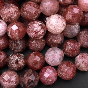 Faceted Natural Strawberry Quartz 8mm 10mm 12mm Round Beads Real Genuine Pink Red Quartz Untreated Gemstone Beads 15.5" Strand