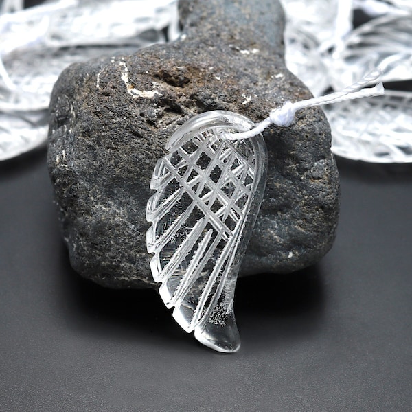 AAA Hand Carved Natural Rock Quartz Angel Wing Pendant Bead Drilled Gemstone