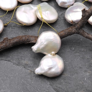 Rare Twin Coin Pearl Large Iridescent Natural White Freshwater Pearl Pendant Side Drilled A3