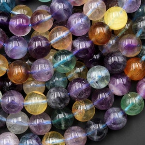 AAA Natural Rainbow Fluorite Beads Smooth 8mm 10mm 12mm Vibrant Purple Green Yellow Gemstone 15.5&quot; Strand