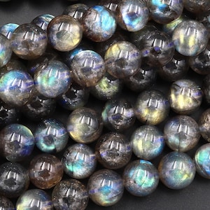 Natural Labradorite 4mm 5mm 6mm 7mm 8mm 9mm 10mm Round Beads Golden Green Flashes 15.5&quot; Strand