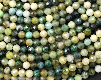 Faceted Natural Yellow Green Burma Jade 3mm 4mm Round Beads Gemstone 15.5" Strand