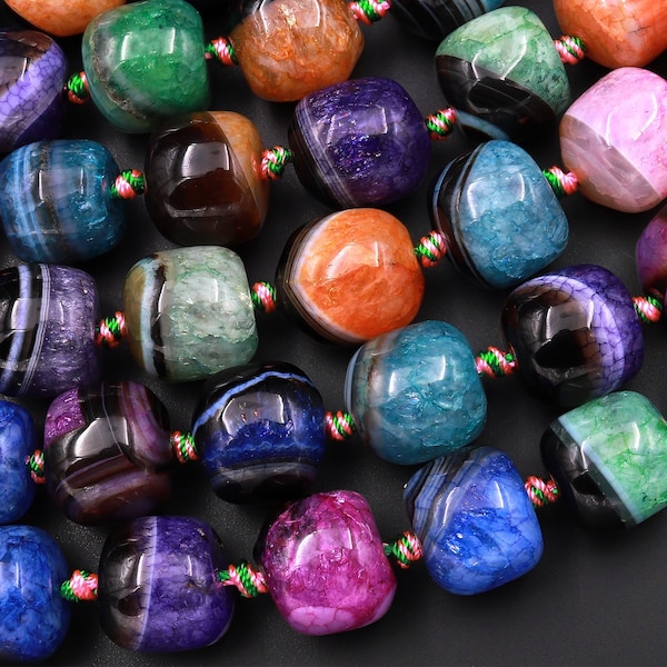 Multicolor Colorful Rainbow Agate Beads Drum Barrel Short Cylinder Black Green Pink Blue Purple Orange 15.5" Strand