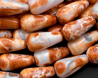 Tibetan Golden Brown Agate Teardrop Beads Dzi Spotty Pattern Antique Boho Beads 15" Strand
