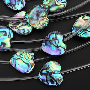 Real Natural Abalone Shell Heart 18mm Beads Rainbow Iridescent Peacock Blue Green Pink 8&quot; Strand