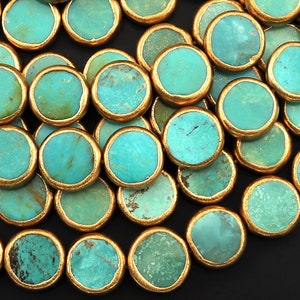 Genuine 100% Natural Green Turquoise Gold Copper Edging Coin 12mm Beads Choose from 5pcs, 10pcs, Handmade 16" Strand