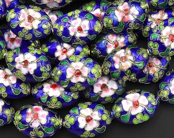 Royal Blue Pink Green Cloisonné 20mm Beads Oval Decorative Floral Enamel 15.5" Strand