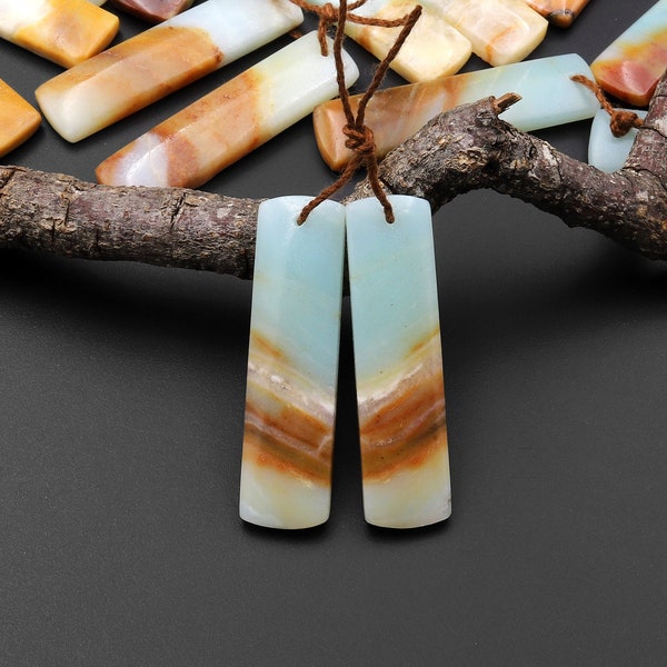 Natural Blue Golden Brown Amazonite Earring Pair Matched Drilled Gemstone Rectangle Beads