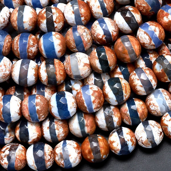 Tibetan Agate 6mm 8mm 10mm Round Beads Dzi Agate Blue Etched Line Ring Mala Antique Boho Beads 15.5" Strand