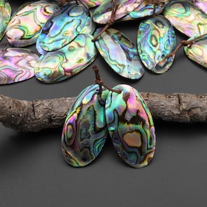 Peut inclure: Deux pendentifs ovales en nacre d'ormeau irisée avec un cordon brun attaché à chacun. Les coquillages présentent un motif de couleur vert, bleu et violet.