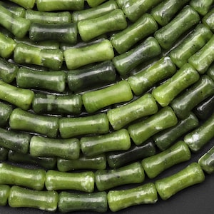 Natural Russian Green Serpentine Jade Carved Bamboo Stem Tube Beads 15.5&quot; Strand