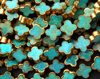 Genuine Natural Blue Green Turquoise Gold Copper Edging 4 Four Leaf Clover 10mm 12mm 14mm Beads Choose from 5pcs, 10pcs, Full 16" Strand