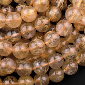 AAA Natural Golden Rutilated Quartz 4mm 6mm 8mm 10mm 12mm 14mm Round Beads Sharp Rutile Hair Needle 15.5&quot; Strand