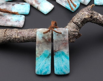Natural Madagascar Blue Amazonite W/ Red Iron Matrix Rectangle Earring Drilled Matched Gemstone Bead Pair