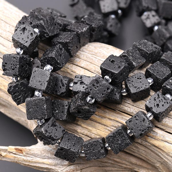 Cuentas de lava negra natural, cubos lisos de 8 mm, piedras preciosas, tira de 15,5"