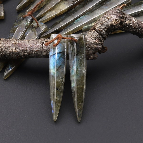 Drilled Labradorite Long Triangle Dagger Pair Matched Natural Gemstone Bead Cab