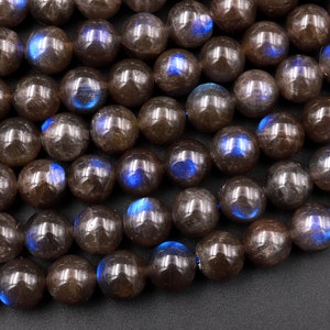 Rare Natural Chocolate Labradorite Smooth Round Beads 4mm 6mm 8mm 10mm Blue Flashes 15.5&quot; Strand