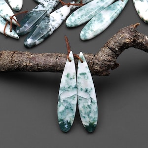 Natural Green Tree Agate Earring Pair Drilled Teardrop Matched Gemstone Beads