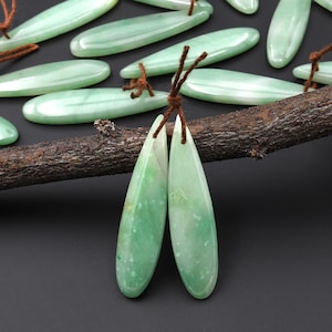 Icy Natural Brazilian Green Jade Earring Pair Teardrop Cabochon Cab Drilled Matched Gemstone Bead Pair