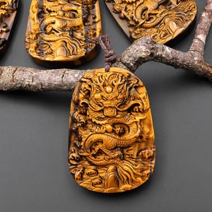 AAA Hand Carved Natural Tiger's Eye Flying Dragon Pendant Gemstone Focal Bead