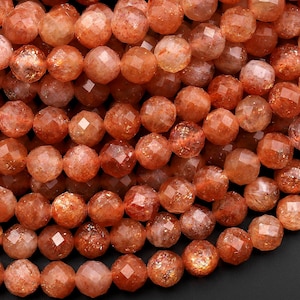 AAA Faceted Natural Sunstone Round Beads 4mm 6mm Fiery Orange Gemstone 15.5&quot; Strand